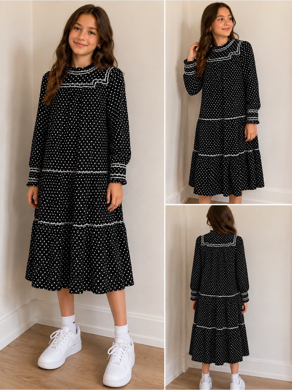 Black Heart-Print Long Sleeve Girls' Casual Dress